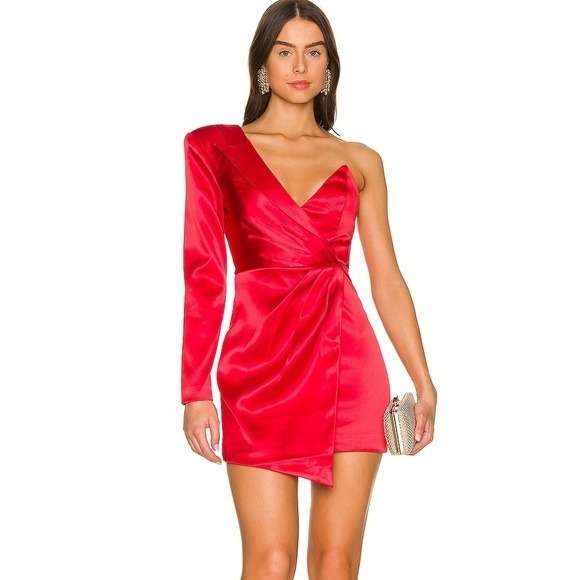 NBD Dresses & Skirts - NBD Red Satin One Shoulder Mini Dress Asymmetrical Long Sleeve Cocktail Party L